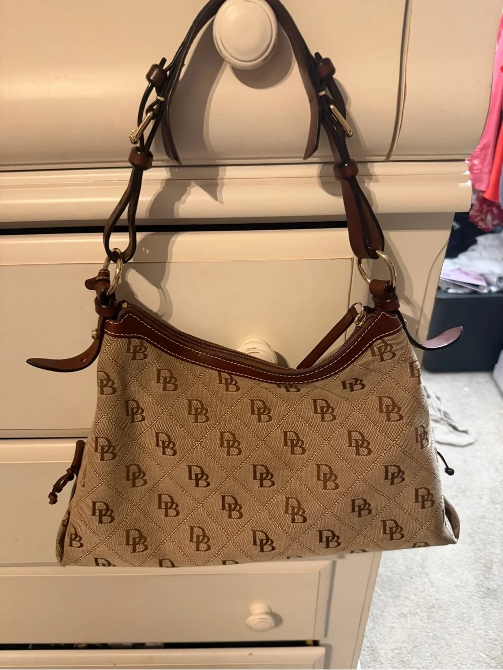 Dooney & Bourke Tan and Brown Signature Jacquard Shoulder Bag
